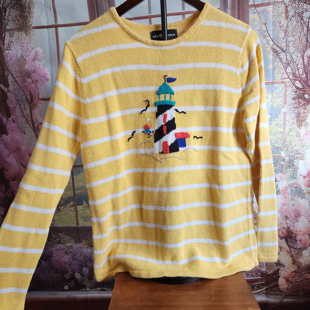 Sag Harbor Vintage 90s Nautical Lighthouse Striped Sweater Yellow Petite Small